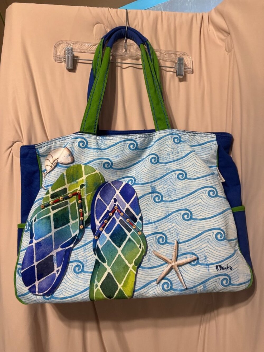 Paul Brent Canvas Beach Tote Bag Flip Flops Starfish EUC